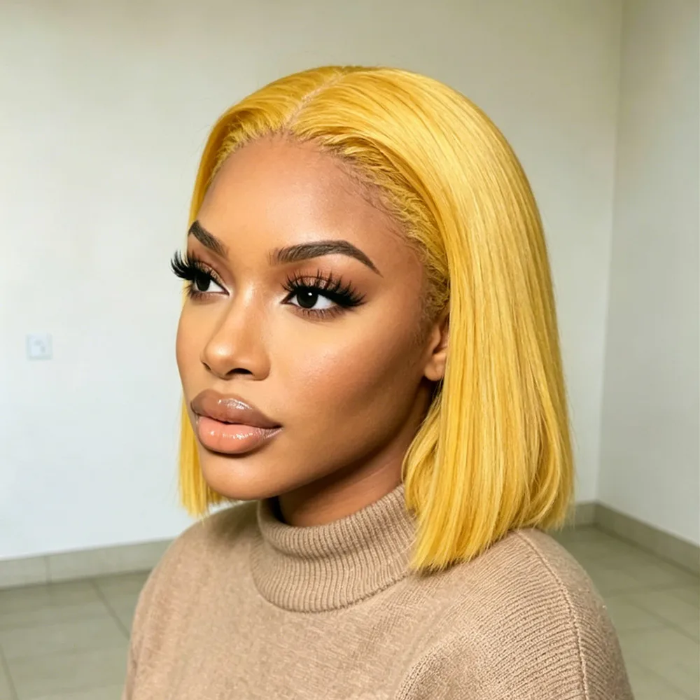 Peluca pixie de cabello humano, peluca corta y recta tipo bob, peluca de cabello humano de 10 pulgadas para uso diario y fiestas, peluca con encaje 13X4, color amarillo, densidad del 150%