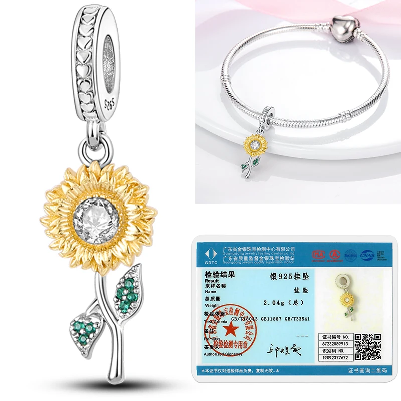Katzen- und Sonnenblumen-Charm aus 925 Sterling Silber, gelbe Blume, Sonnenblume, Hausperlen, passend für Original-Armreifen, Damen-DIY-Schmuck – Detail 16