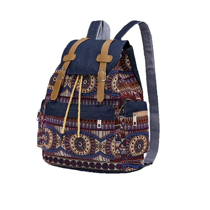 New Vintage Ethnic Pattern Backpacks for Women Canvas Drawstring Backpack Bohemian Style Travel Bag Casual Daypack Wholesale