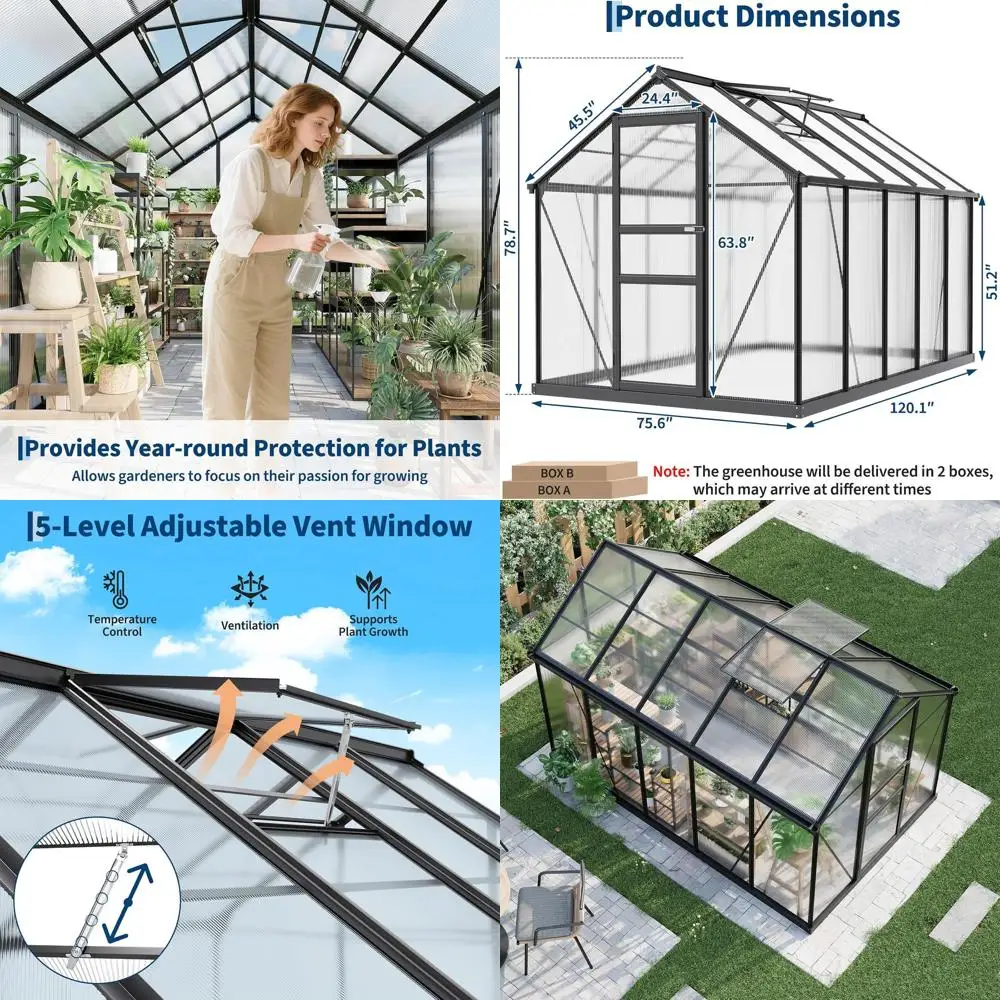 

Большая теплица 6x10 футов с вентиляционным отверстием на крыше, креплениями для крепления к земле и запираемой распашной дверью для садоводства на открытом воздухе