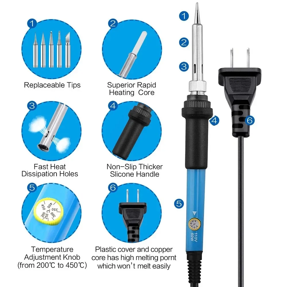 60W Adjustable Temperature Electric Soldering Iron  Welding Iron Rework Station Heat Pen Tips DIY Repair Tool