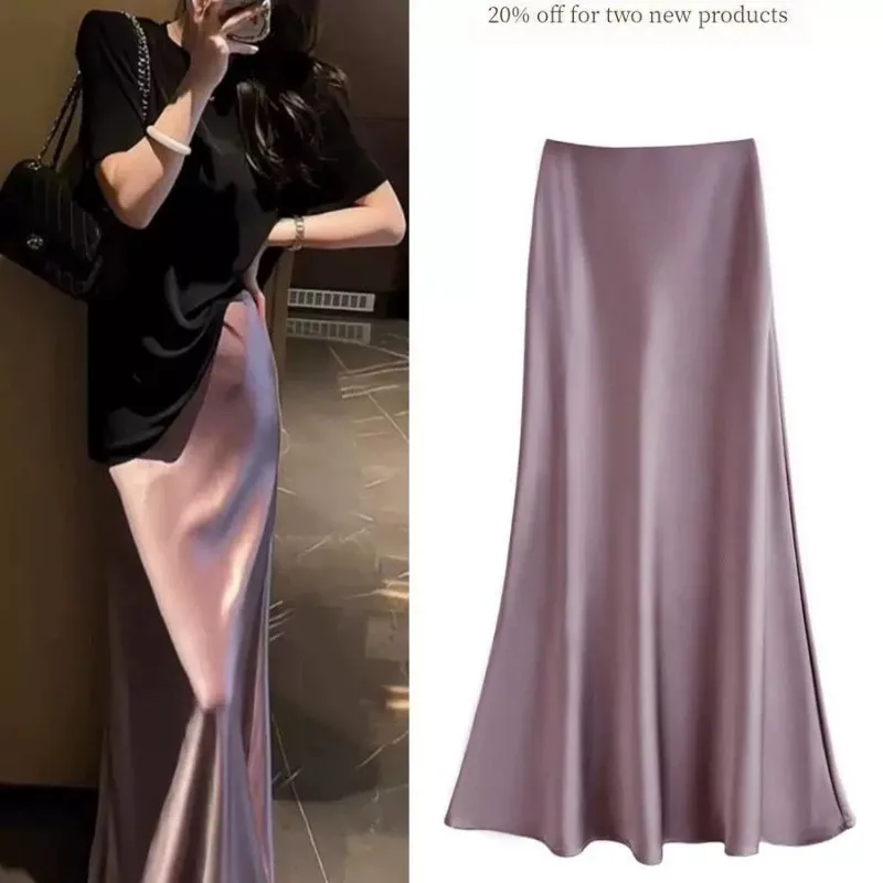

Женская атласная юбка для женщин, легкая, с высокой талией, элегантная, длинная юбка-рыбка, модная юбка миди, черная офисная женская юбка
