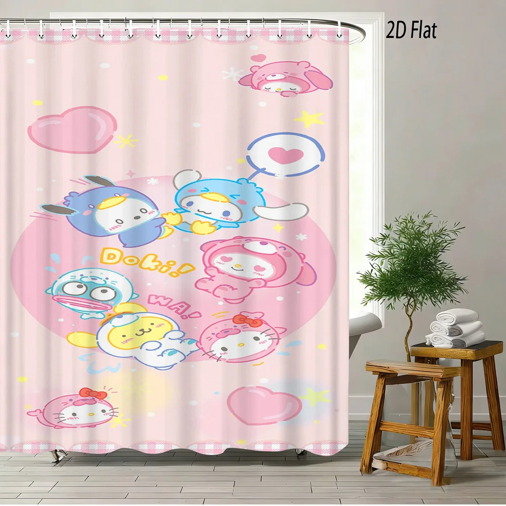 

Sanrio Characters Pink Heart Print Shower Curtain Waterproof Polyester Fabric Bath Curtain with 12 Hooks Easy Install for Bathro