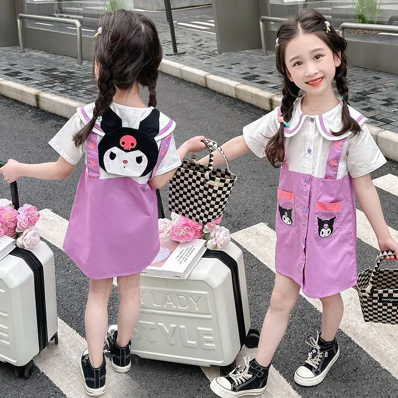 

Child Kuromi Cartoon Dress Summer Short Sleeves Child Sweet Skirt Kawaii Doll Collar Cardigan Princess Dress Lapel T-Shirt Dress