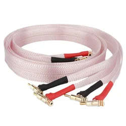 Vahalla 7N OCC Copper Silver Plated Loudspeaker Cable Hifi Flat Speaker Wire with Gold Plated Y Spade Plug Banana Plugs