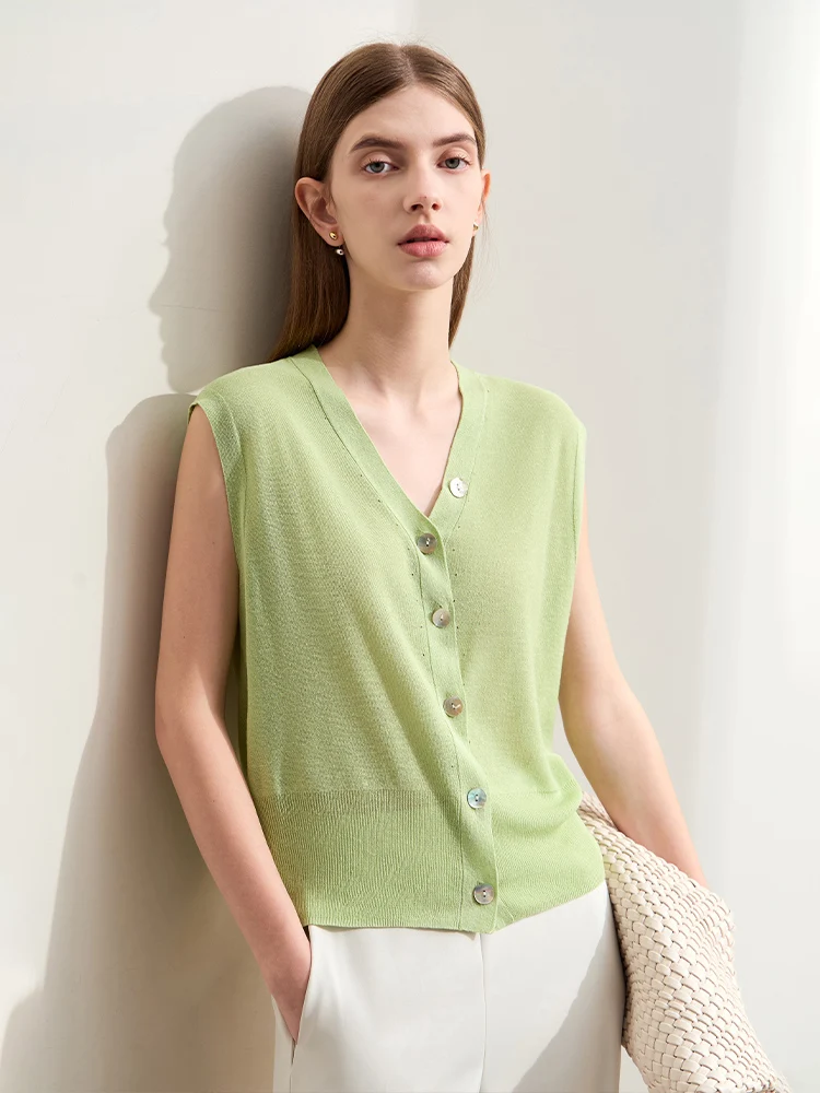 Amii Minimalism 2024 Summer New Tencel V-Neck Woolen Cardigan for Women Shell Button Basics Trendy Knitted Vest Tops 12442236