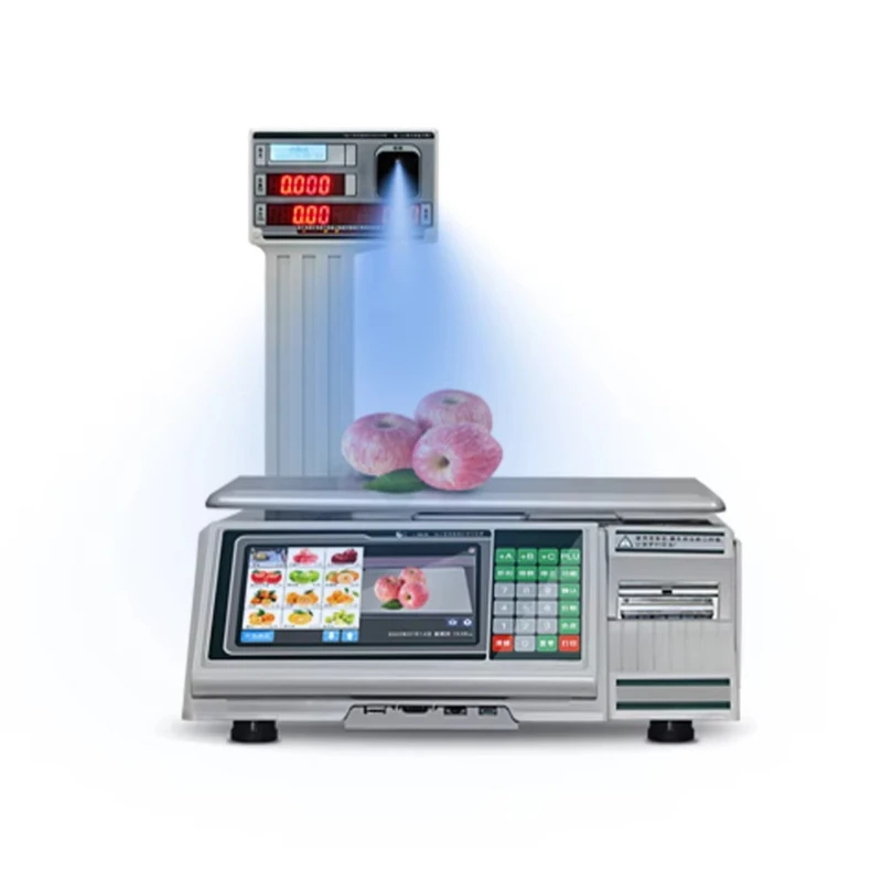 

Automatic weighing of supermarket groceries seafood snack bar with artificial intelligence checkout scale with barcode label
