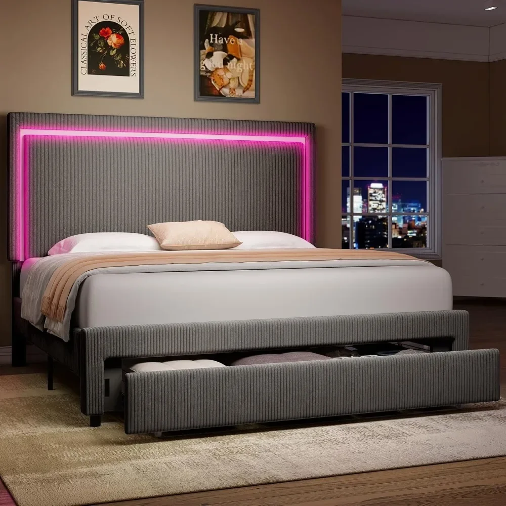 

Bed Frame, Upholstered Platform Bed Frame with LED Headboard&Storage Drawers/No Box Spring Needed, Bed Frame