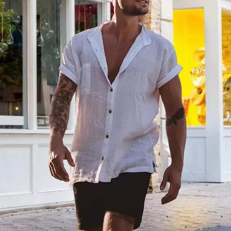 Camisas de manga corta de lino y algodón para hombre, camisas de verano de Color sólido, cuello alto, estilo informal de playa, talla grande, gran