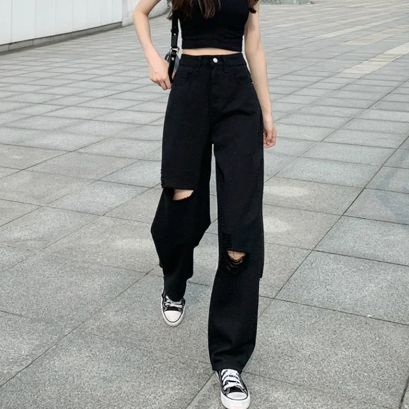 

S-5XL Oversize Harajuku Casual Pants Women Wide Leg Hip-hop Mopping Vintage Summer High Street Jeans Holes Black Chic Oversized