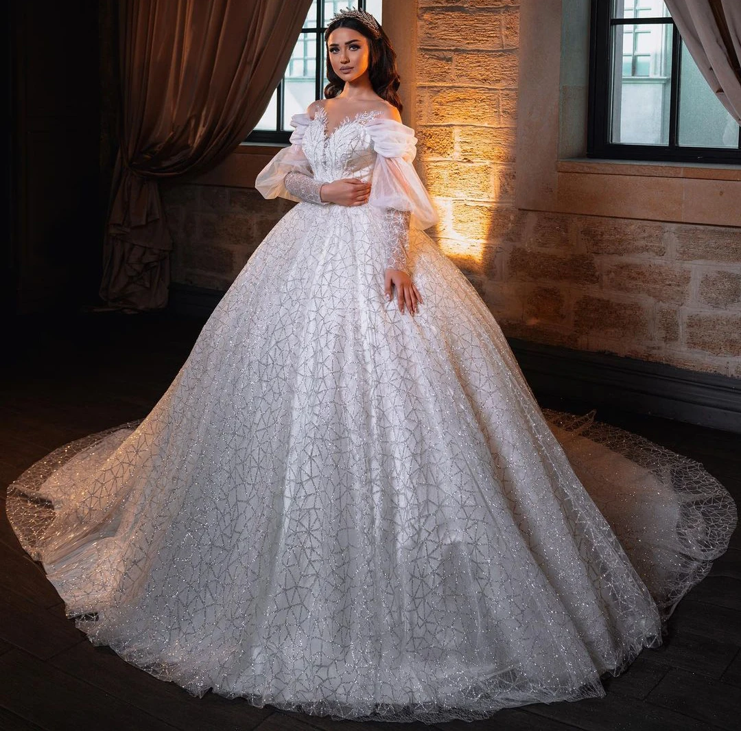 Suknia ślubna muzułmańska suknia ślubna Bling świecący cekinami V Neck z długim rękawem suknie panny młodej Vestido Casamento koronkowe suknie ślubne