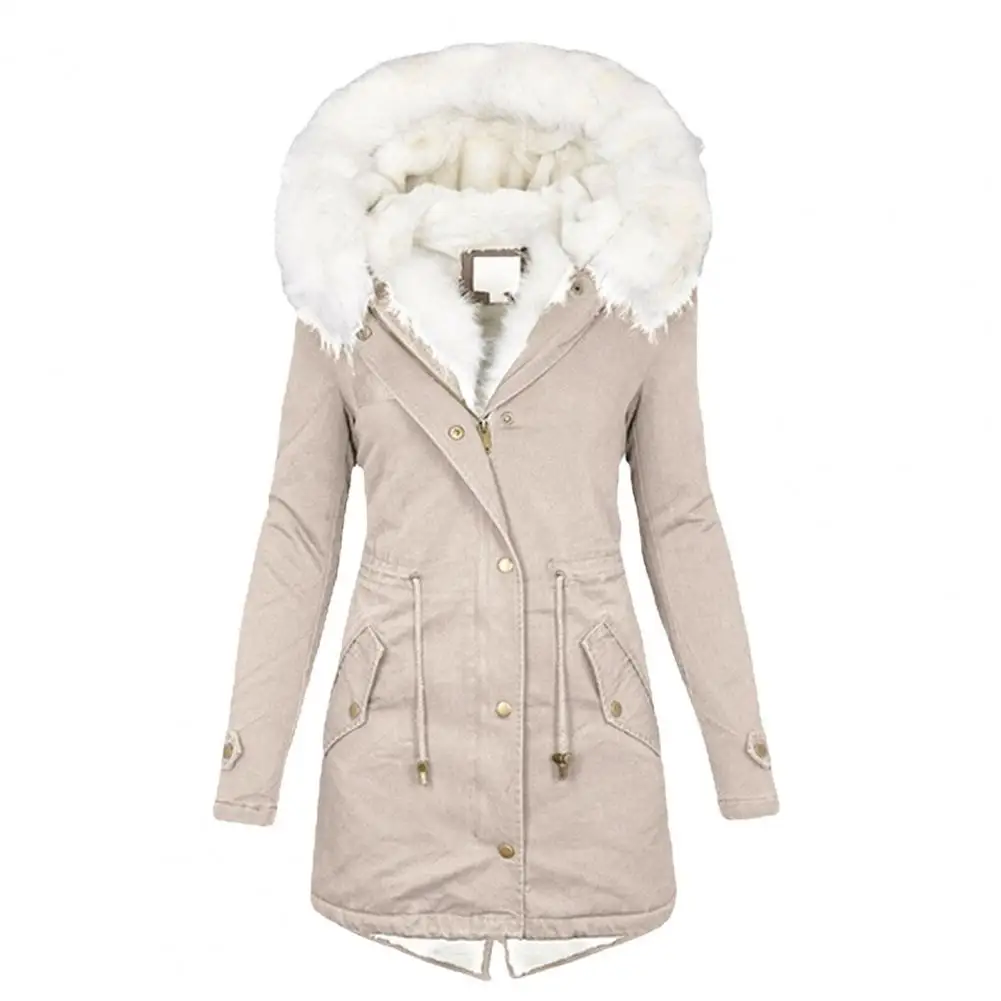 Abrigo clásico suave con cremallera y botones para mujer, abrigo ajustado con capucha de algodón acolchado de longitud media, chaqueta de invierno