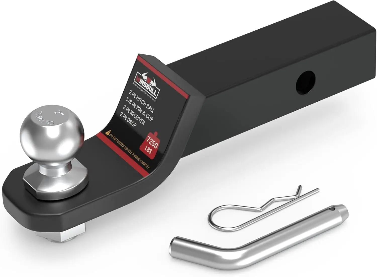 

2 Inch Ball Trailer Hitch, 7,250 LBS GTW, Black, Drop Receiver with Shank & Hitch Pin