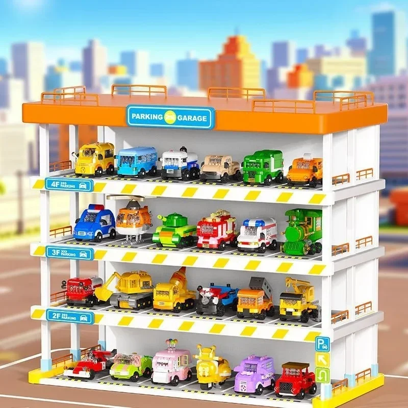 Cartoon Traffic Police Car Engineering Vehicle Set Micro Particle Building Blocks Boys Model Car Assembly Toy Kids Birthday Gift