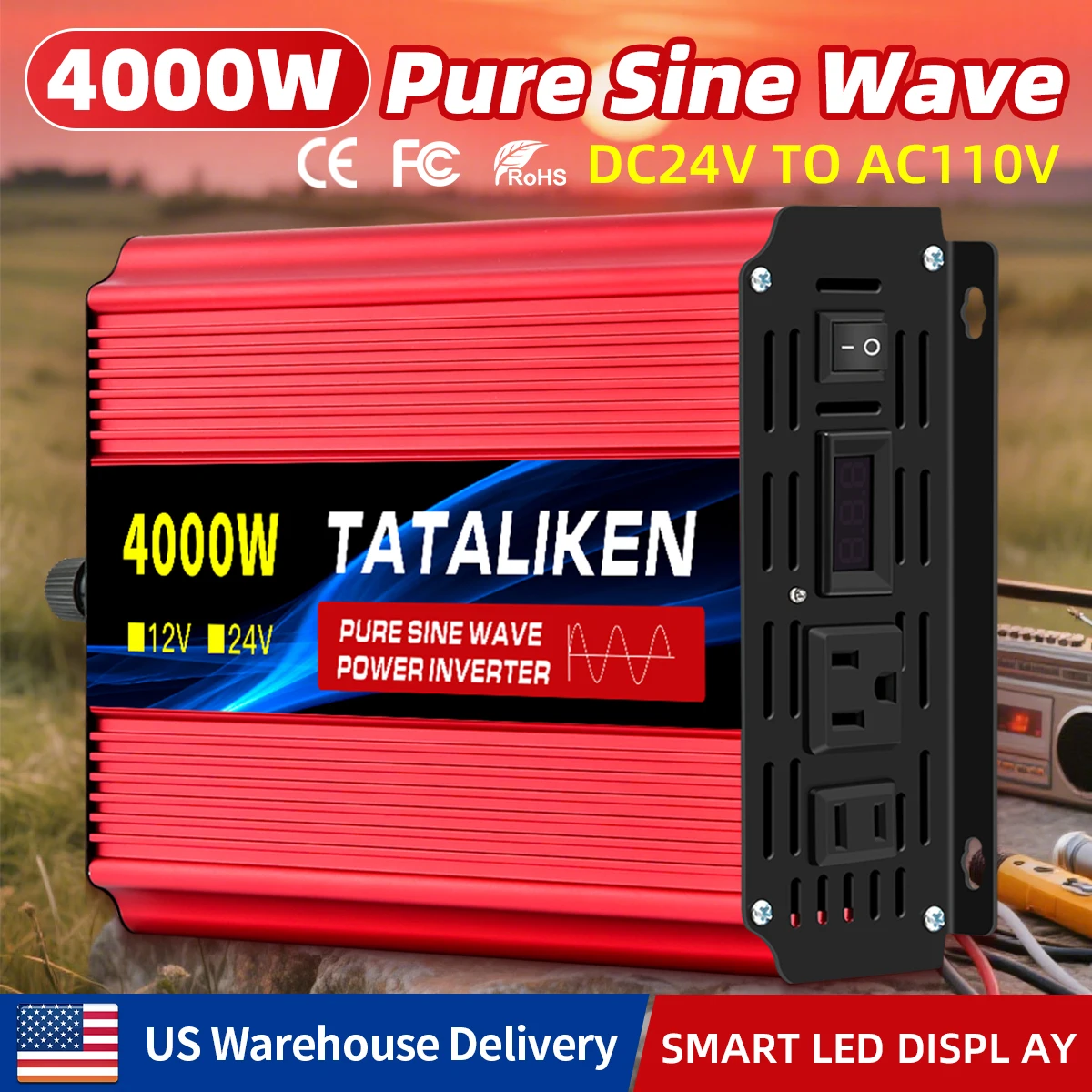 

Pure Wave inverter 4000W US socket DC to AC 110V solar inverter, camping suitable converter