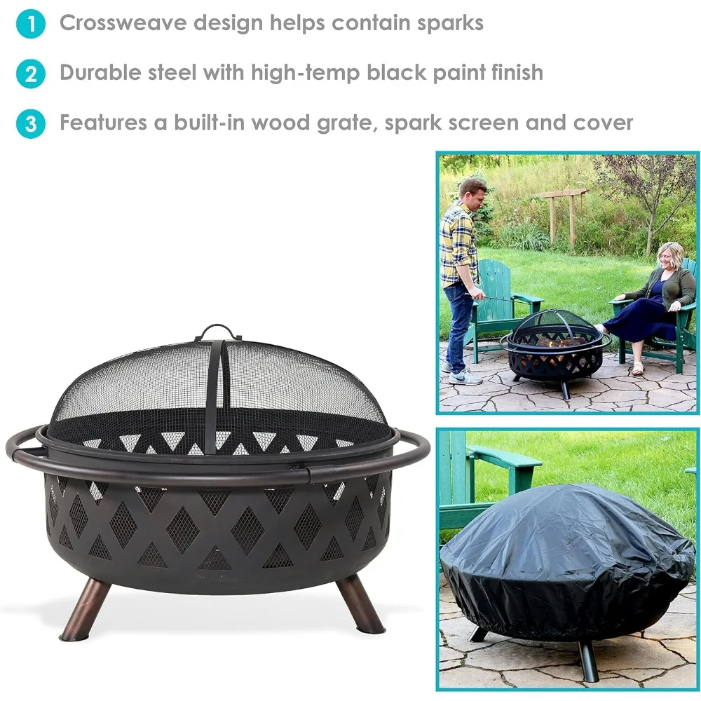 Black Crossweave Steel Wood-Burning Outdoor Fire Pit - Includes Spark Screen, Poker and Cover - 36-Inch Round