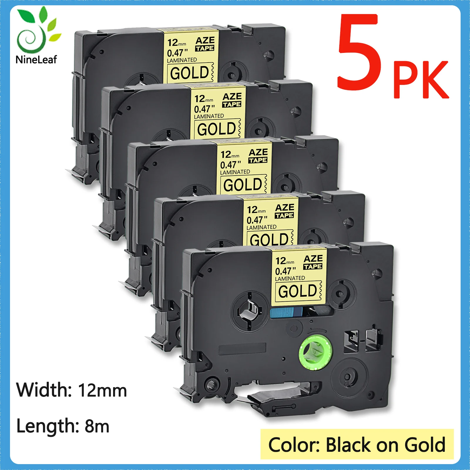 

5PK Label Tape Laminated Black on Gold Compatible For Brother Tze 831 12mm*8M Tape For Printer PTD410 PTD610 PTE300 PTD460BT ﻿