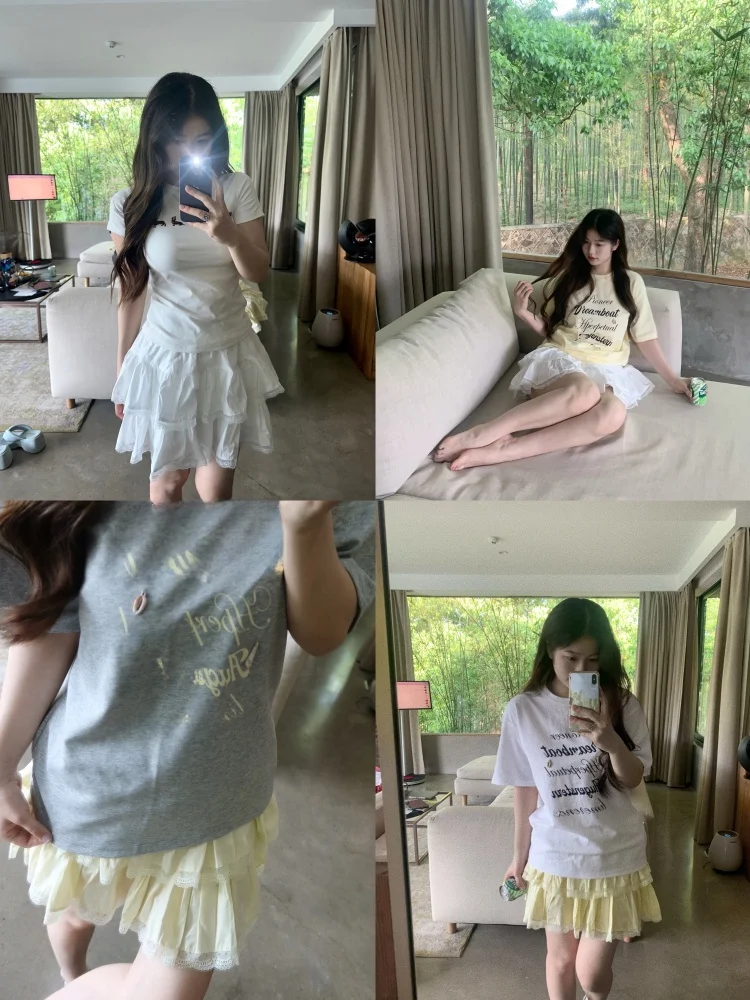 

round Cute Lace ort Skirt Set Baking Cake High Waist Inner Lined Versatile Cotton Commute Sle Summer Collection