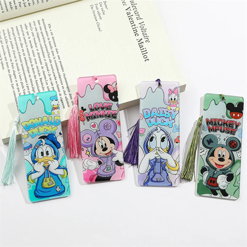 12pcs/lot Disney Mouse Duck Acrylic Bookmark Creative Tassels Book Mark For Books Office School Office Supplies Stationery Gift