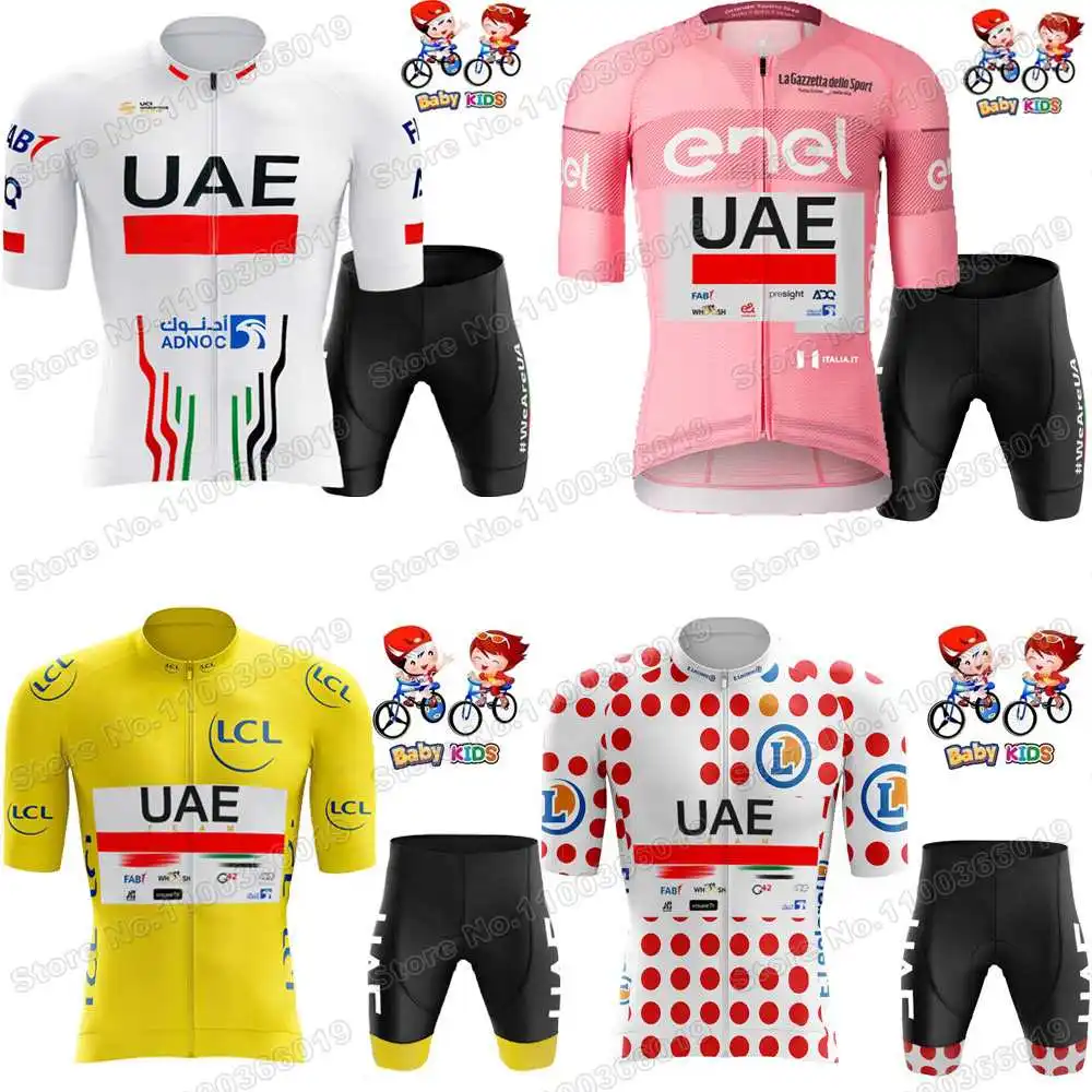 2024 UAE Team Kids Cycling Jersey Set France TDF Cycling Clothing Yellow Green White Polka Dot Road Bike Shirt Suit Bicycle Pant