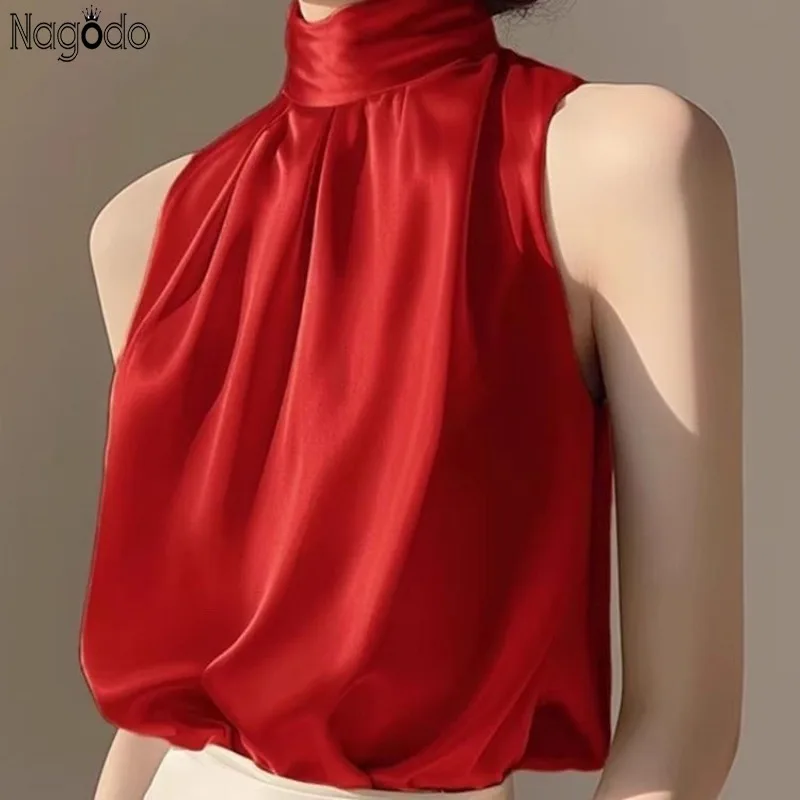 2025 New Silk Satin Sleeveless Crop Top Summer Half Turtleneck Women Pulovers Tops Outerwears Vest Lady Loose Shirts Red Blouses