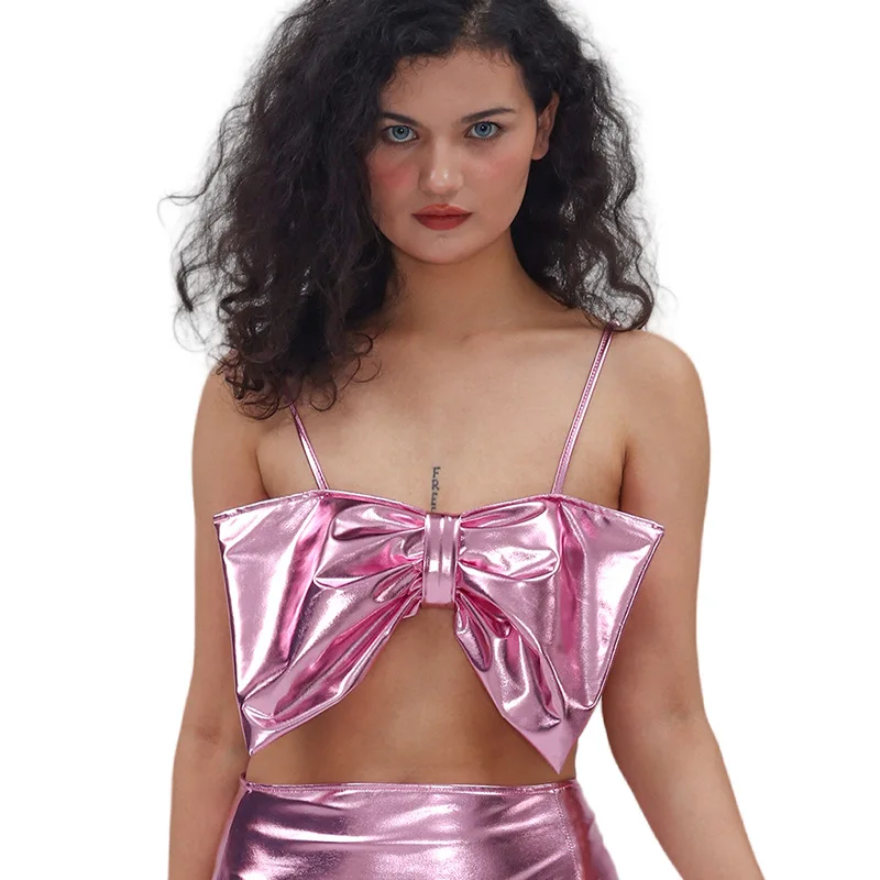 

Bow Tie Sexy Spaghetti-strap Top Gilded Lacquered Costume Stage Performance Outfits Sweet Clothes for Women Summer