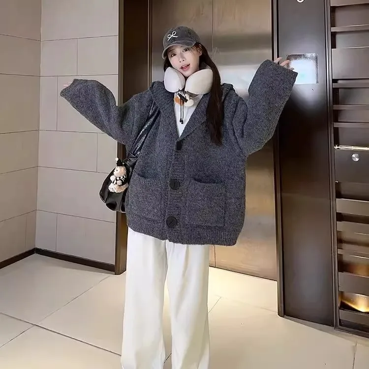 

Утепленный мягкий свитер-кардиган с капюшоном для полных женщин больших размеров на осень-зиму, вязаная одежда для пышных дам