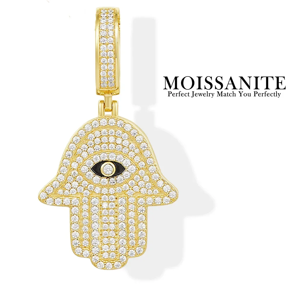 

Moissanite Pendant Necklace Hamsa Hand Evil Eye 925 Sterling Silver 18K Gold Plated Hip Hop Style Comes with GRA Certificate