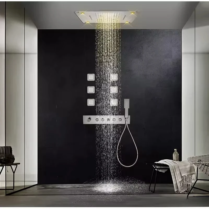 High Quality LED Thermostatic  Flow Shower Set Concealed Ceiling Big Rain Waterfall  head  Body