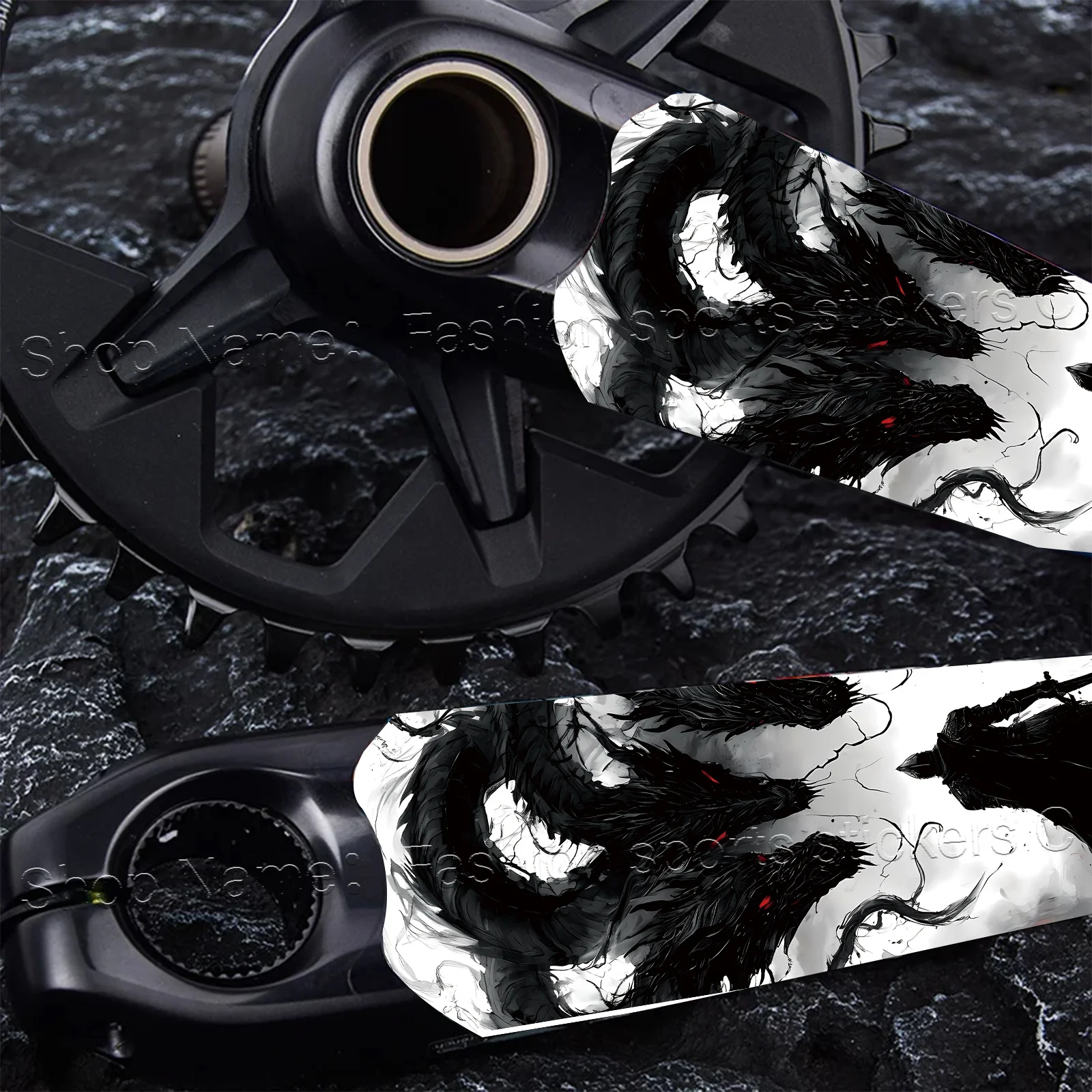 

1Pair Black White Red Eye Dragon Bike Crank Stickers, Gothic Waterproof Vinyl Protector for Mountain Road Bike