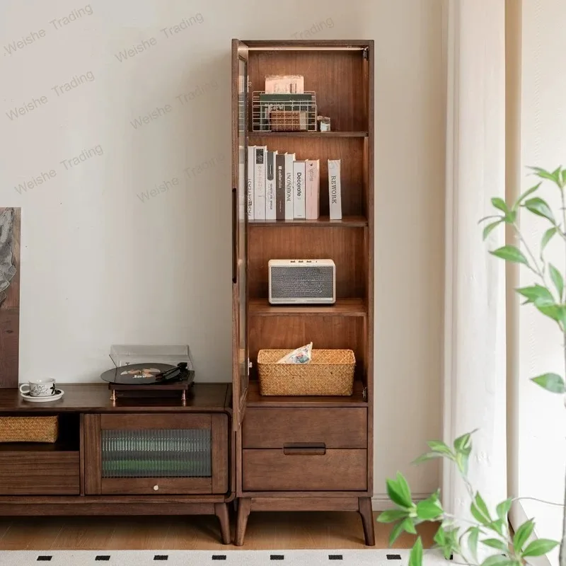 Black walnut solid wood wine cabinet, standing cabinet, storage single-door glass sensor light storage cabinet