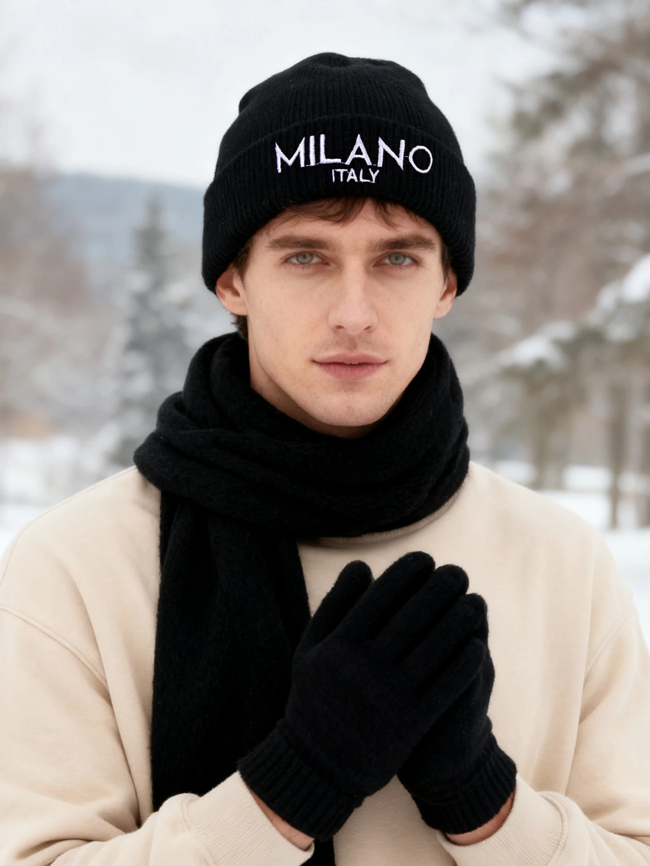 3 قطع قبعة صغيرة متماسكة للشتاء الدافئ "ميلانو إيطاليا" مطرزة - أغطية رأس عصرية ناعمة مقاومة للرياح
