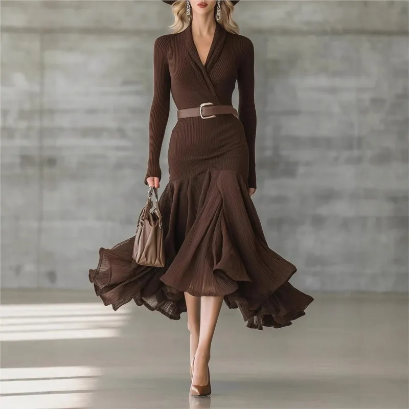 

Vintage Elegant Solid Color Dress 2026 Pleated Ruffle Hem V-neck Long Sleeve Wrap Hips Midi Dress Evening Party Dresses