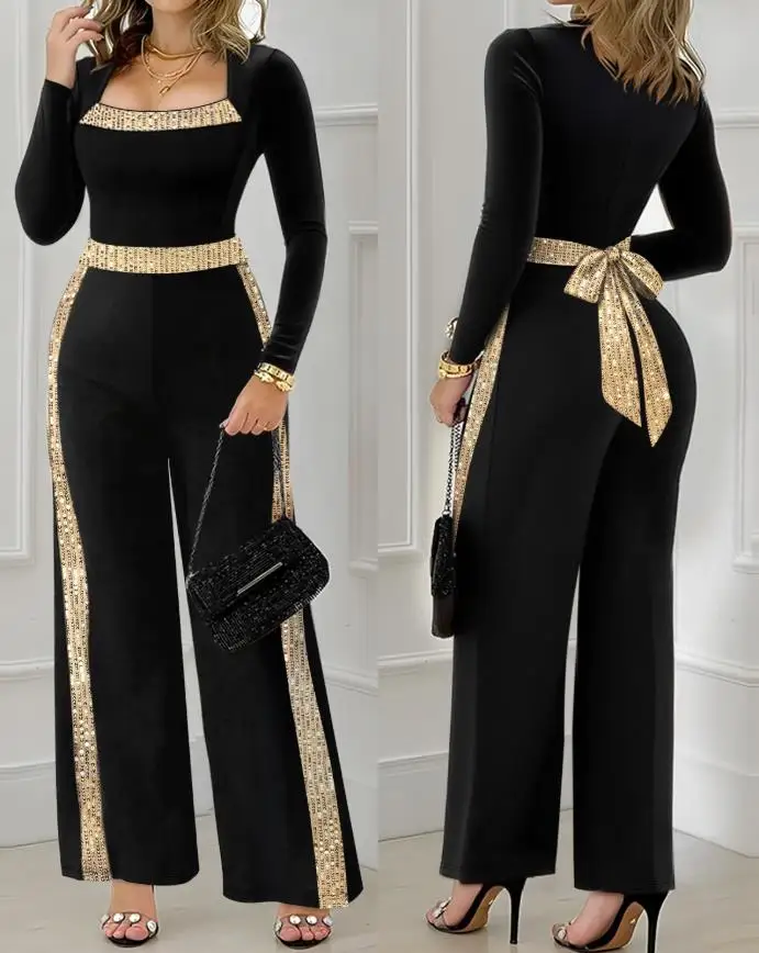 Jumpsuit Women Sequin Bowknot Decor Contrast Sequin Paneled Square Neck Long Sleeve Jumpsuit Casual High Waist Wide Leg Jumpsuit