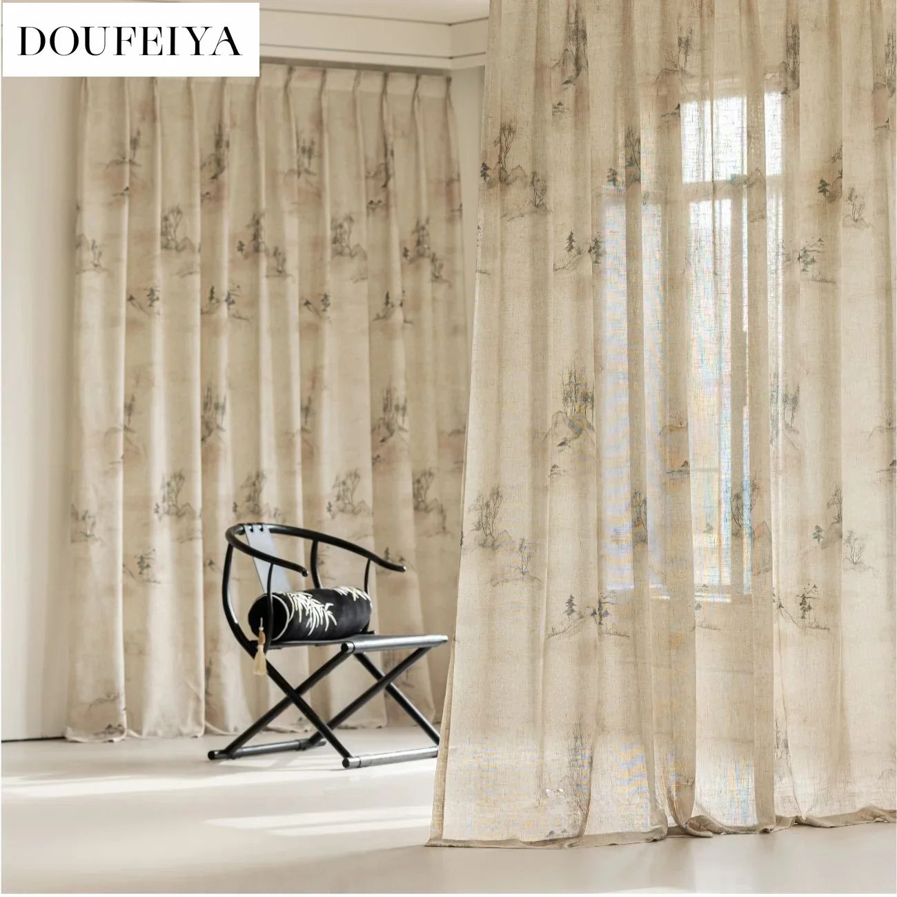 Ink Wash Linen Curtain New Chinese Style Translucent and Non Transparent Window Screen Curtains for Living Dining Room Bedroom