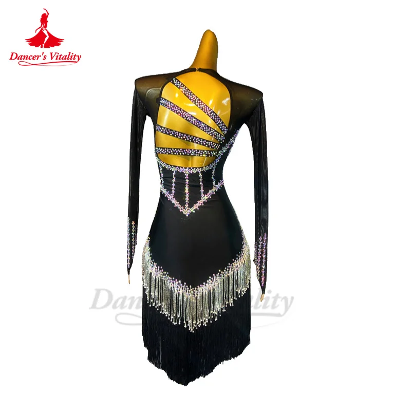 Latin Dance Performance Dress for Women Customsized Long Sleeves AB Stones Costumes Adult Children Rumba Chacha Latin Dresses