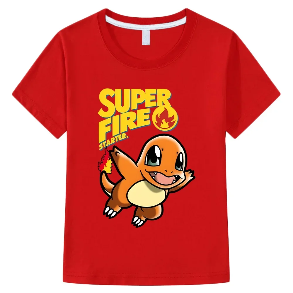 Charmander Super Fire Starter MINISO Cartoon Children's T-shirts Handsome Boys Top Funny Kids Clothing Large O-neck Baby Tshirt