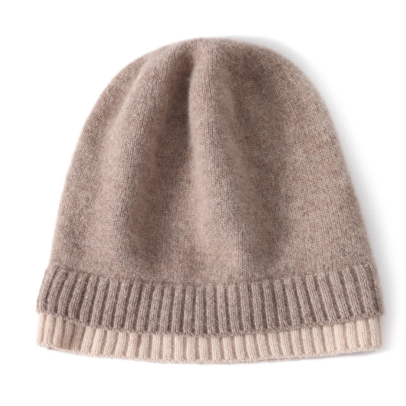 100%Wool Women Knitted Beanies Autumn Winter Warm Soft Cozy Cashmere Hats Fashion 2 Layer Hem Bonnet Outdoor Ski Skullies Cap