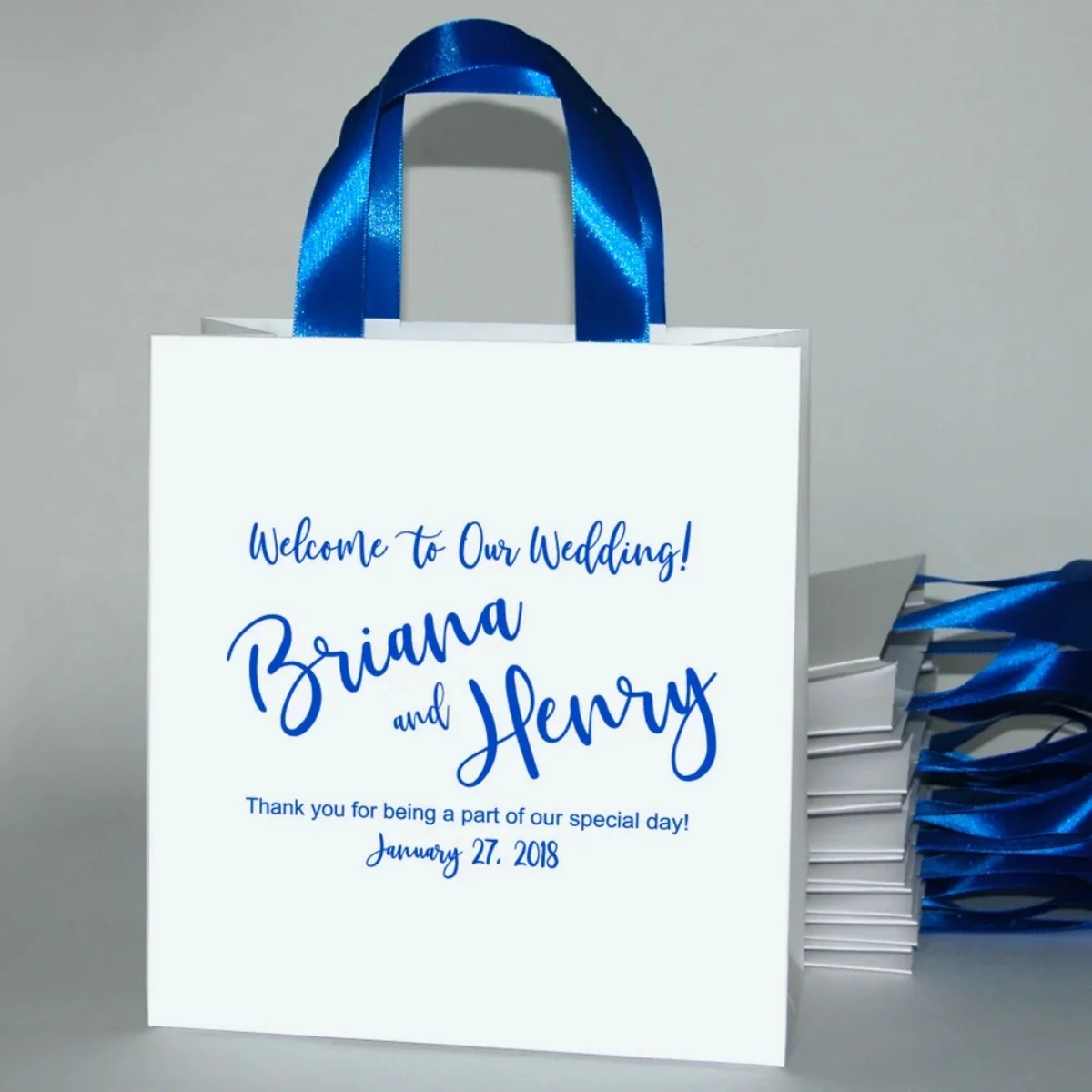 

Wedding Welcome Bags with Royal Blue satin ribbon handles and your names - Elegant Personalized wedding favor bags for guests