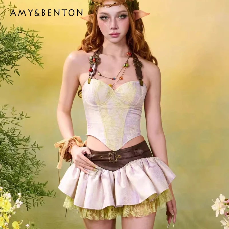 

Original Design Sweet Cool Girl Spice Girls Women's Clothing 2026 Spring New Leather Lace Splicing Low Waist Puffy Skirt Ladies
