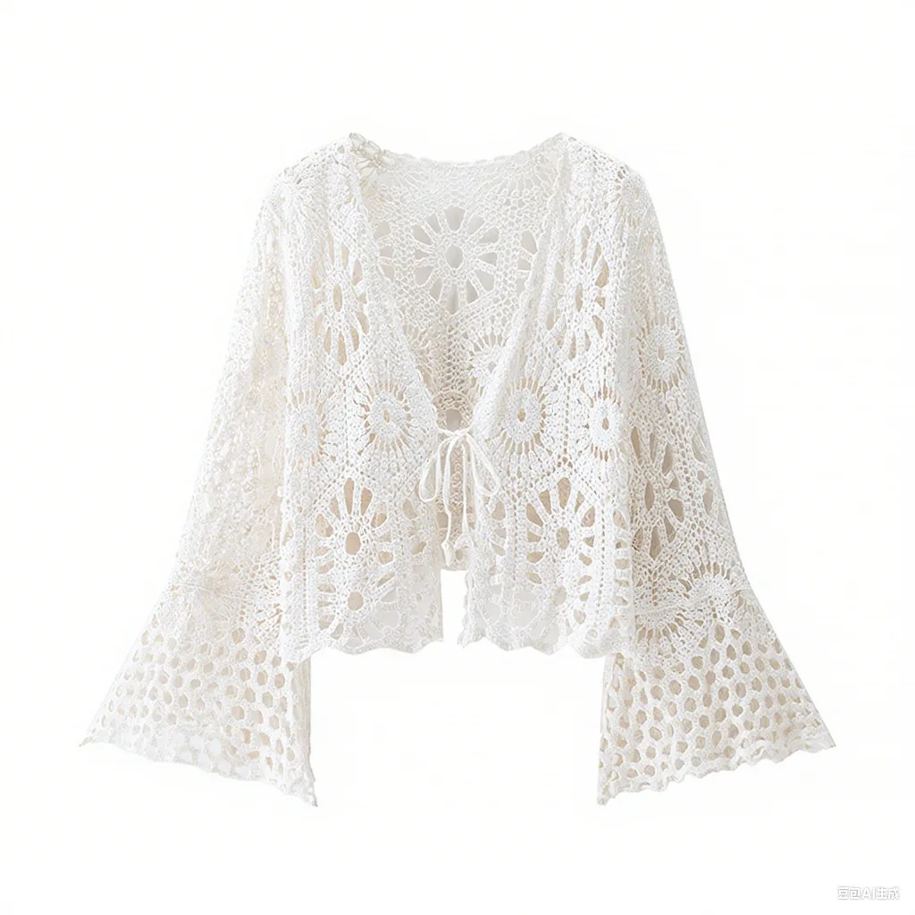 

Topenomi Hollow Hook Flower Flare Sleeve Knitted Cardigan Women Autumn Winter V Neck Lace Up Thin Sweater Coat Fashion Y2k Tops