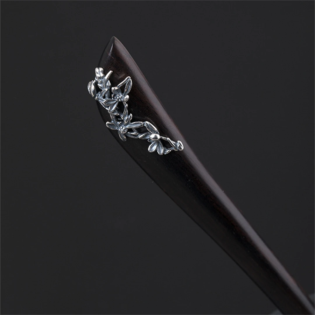 New 100% S925 Pure Silver Women's Men Retro Hairpin Ebony Wood  Inlaid Orchid Chinese style Hanfu Hair Accessories Jewelry