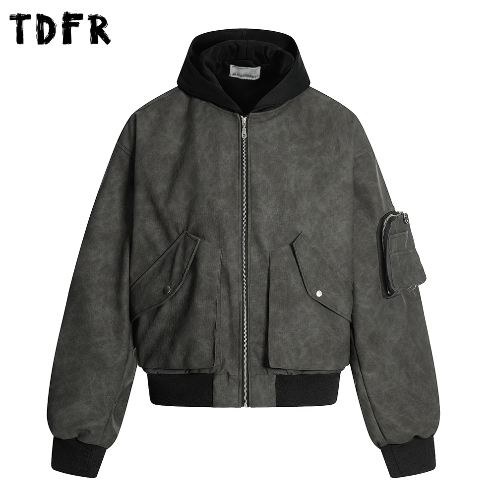 

Pocket Spliced Hooded PU Leather Jacket Mens Retro Casual Pleated sleeves Loose Outerwear Man