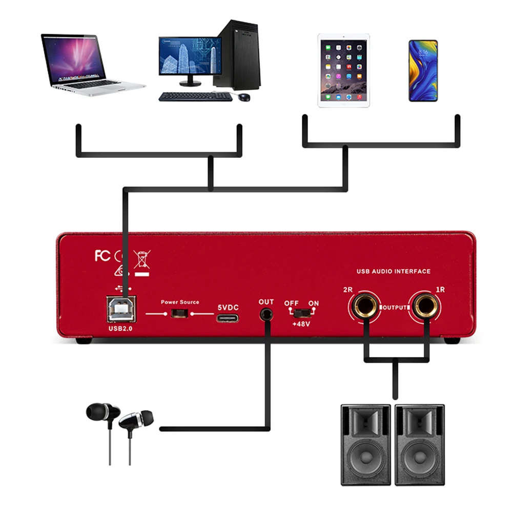 Tarjeta de sonido de grabación MD22, interfaz de Audio USB, alimentación fantasma de 48V, tarjeta de sonido profesional portátil con Monitor Loopback para Audio