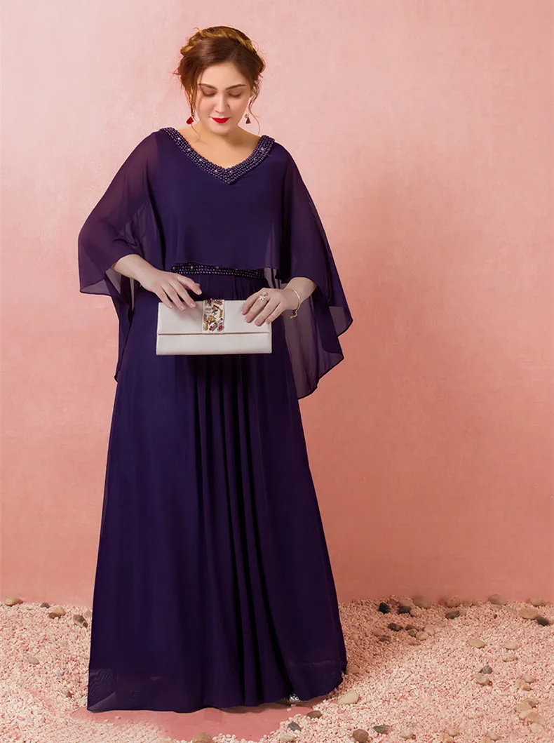 Vestido de noite formal personalizado para noiva e mãe, Vestido de banquete de chiffon frisado, tamanho positivo, vestido roxo do convidado