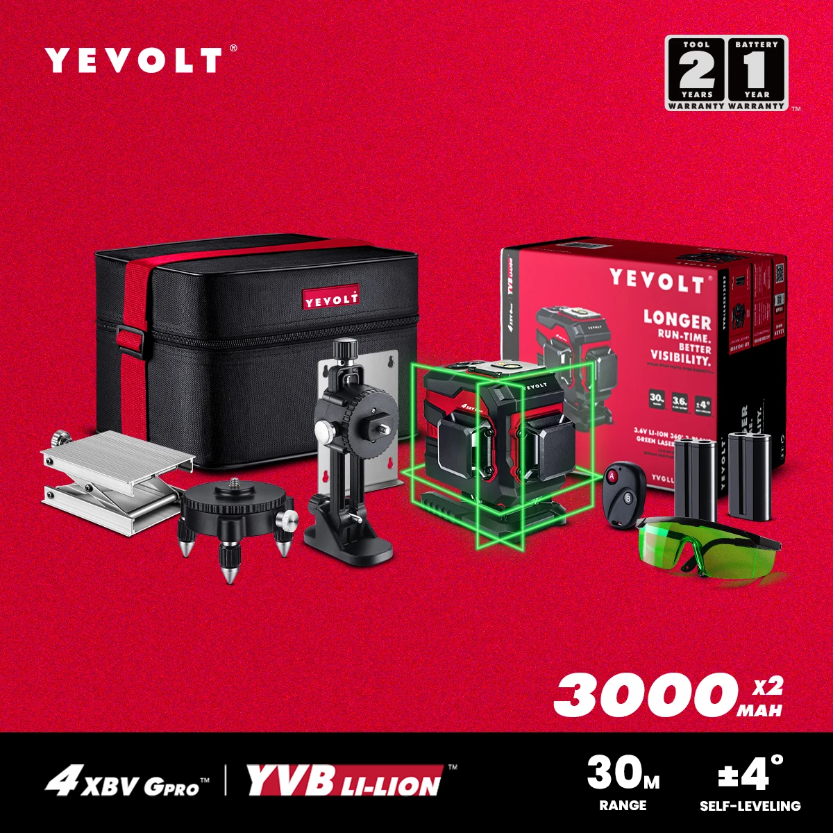 

Лазерный уровень YEVOLT YVGLL4XS12B2DP, 12 линий, 360 °, 2 аккумулятора 3000 мАч