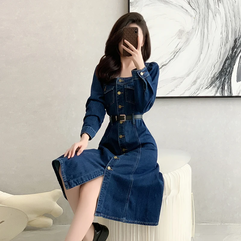 レトロなスクエアカラーデニムドレス レディース 春秋新作 スリムロング丈 ハイライズ カジュアル X-ape ドレス