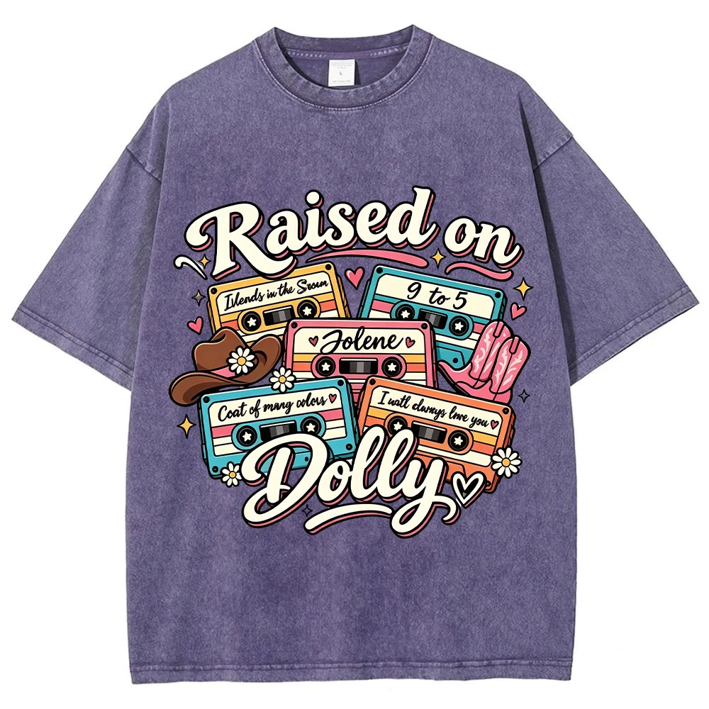 Women Raised On Dolly T Shirt Purple Vintage Cassette Tape Country Music Fan Tee Retro 90s Style Acid Wash Summer Top