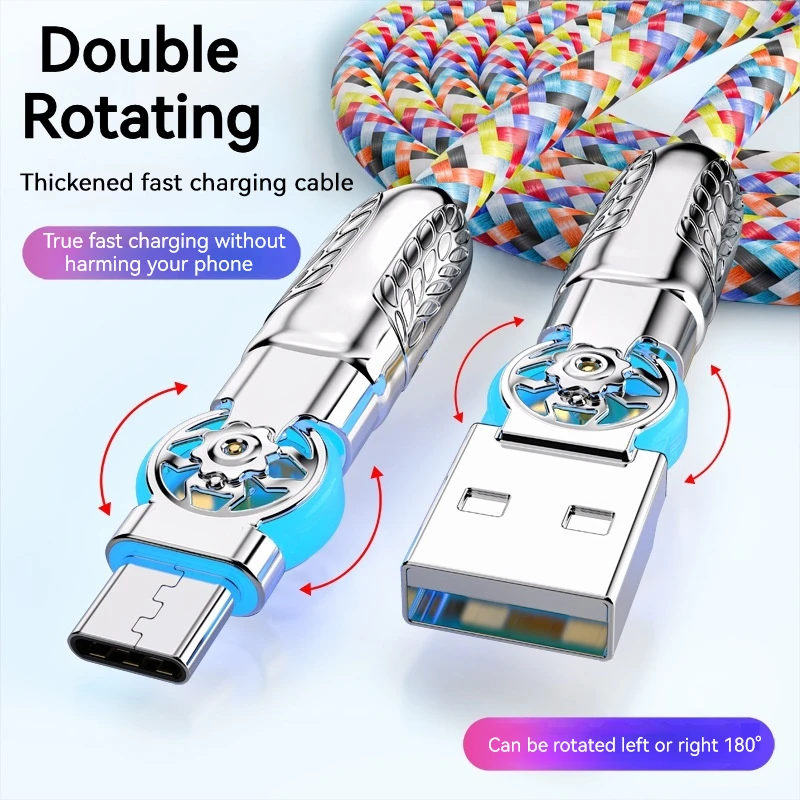 Elbow Rotation Usb A To Type C Fast Charging Cable Double Usb Cable with Light Zinc Alloy Head Braided Data Cable for Xiaomi