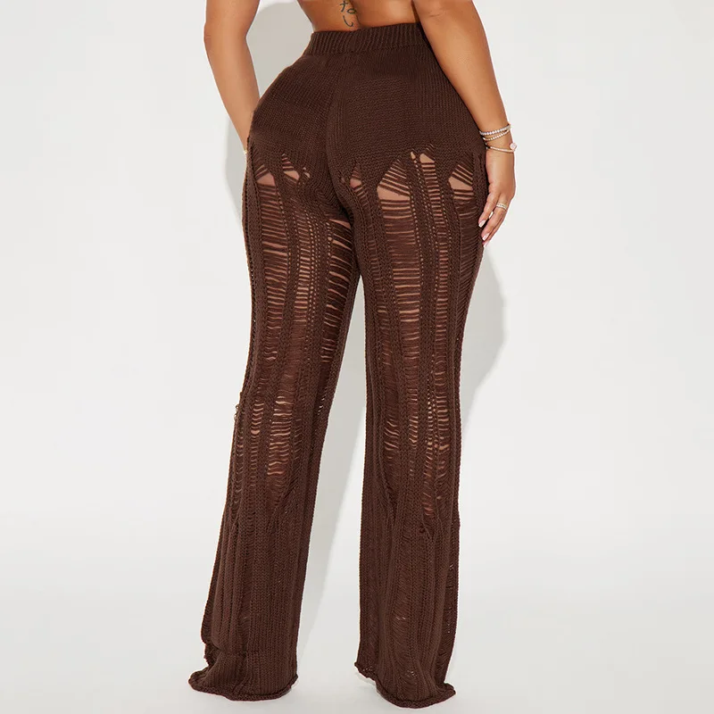 2025 automne hiver solide tricot creux pure pantalons décontractés femmes élastique taille haute mince épicé filles rue jambe droite pantalon